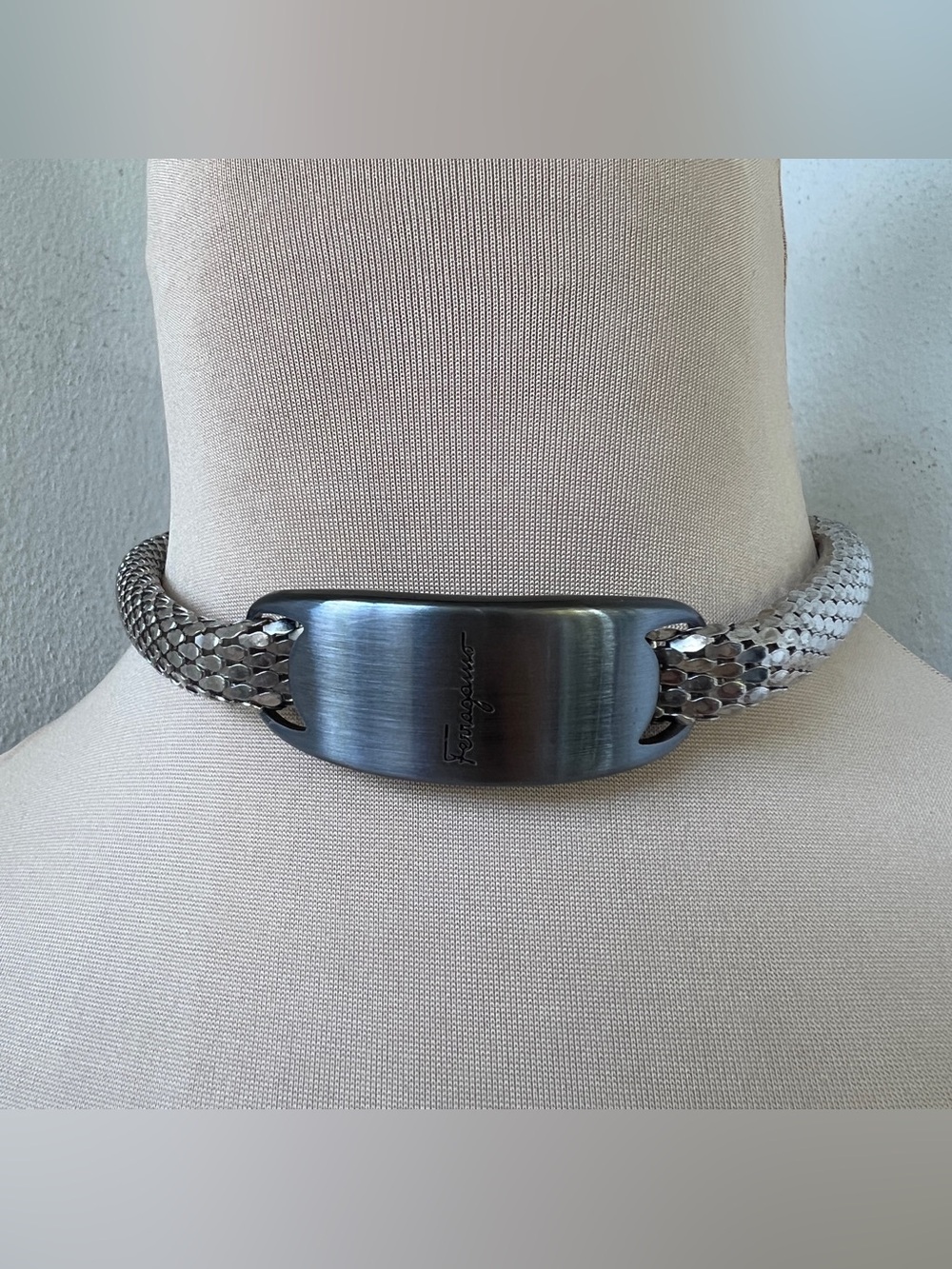 Ferragamo Custom Logo Plate Vintage 1960s Snake Mesh Choker Necklace 14-17”